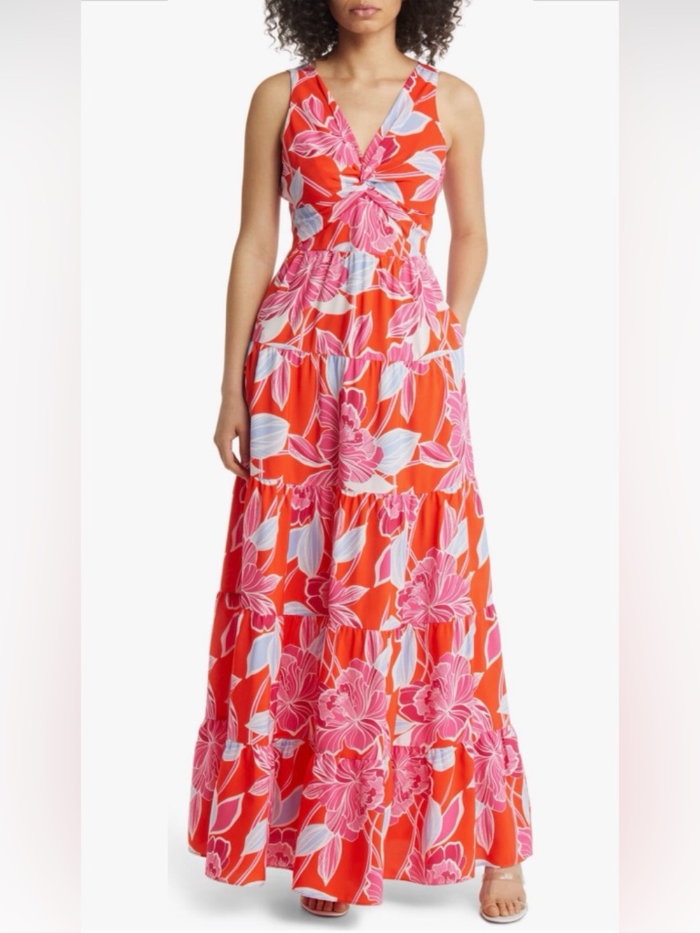 Eliza J - Orange & Pink Floral Twist-Front Maxi Dress - Size 8